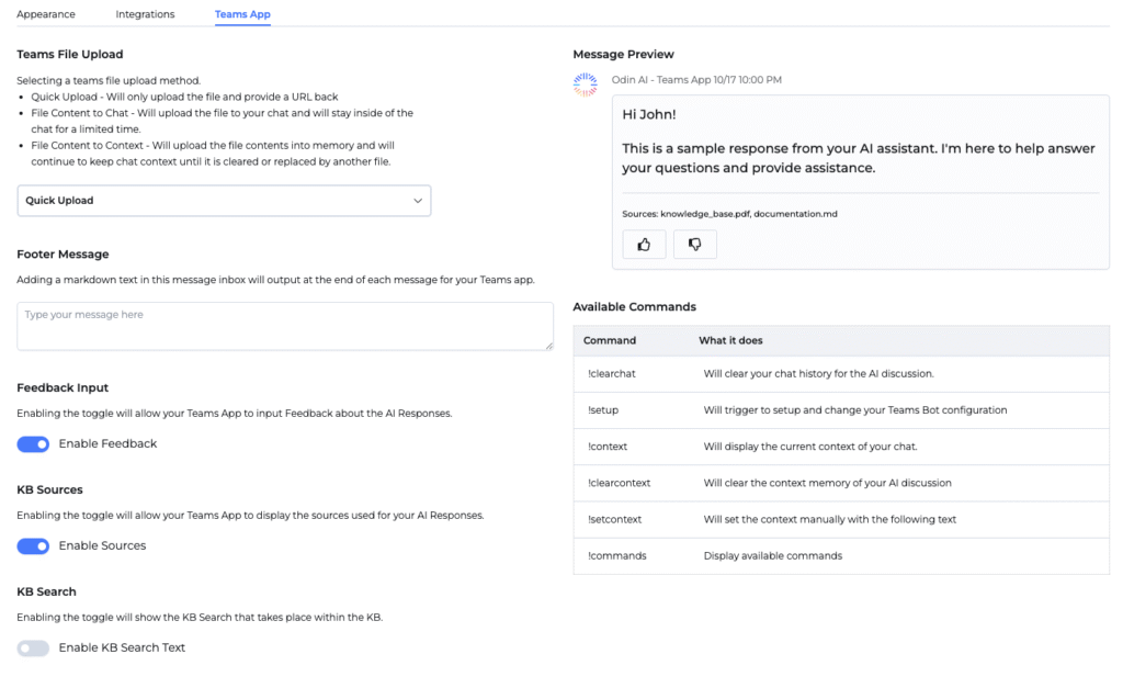 Teams app tab of public chatbot